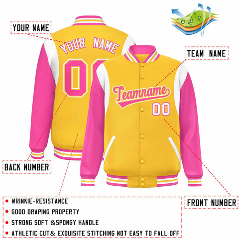 Custom Yellow Pink-White Color Block Bomber Varsity Full-Snap Baseball Jacket