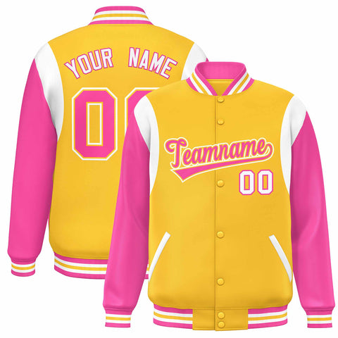 Custom Yellow Pink-White Color Block Bomber Varsity Full-Snap Baseball Jacket