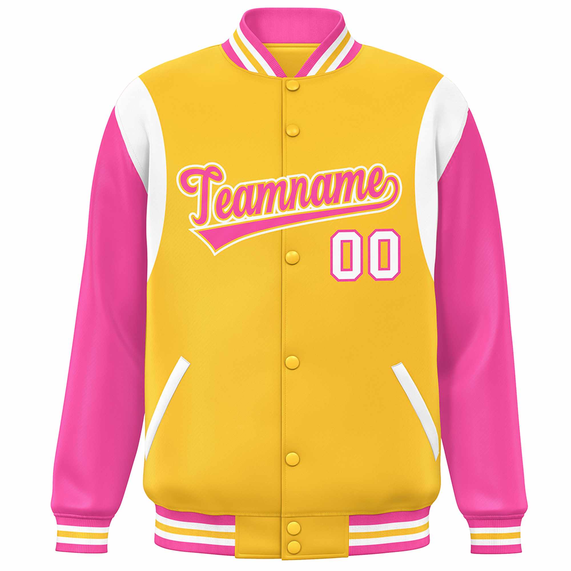 Custom Yellow Pink-White Color Block Bomber Varsity Full-Snap Baseball Jacket