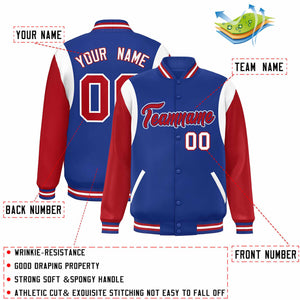 Custom Royal Red-White Color Block Bomber Varsity Full-Snap Baseball Jacket