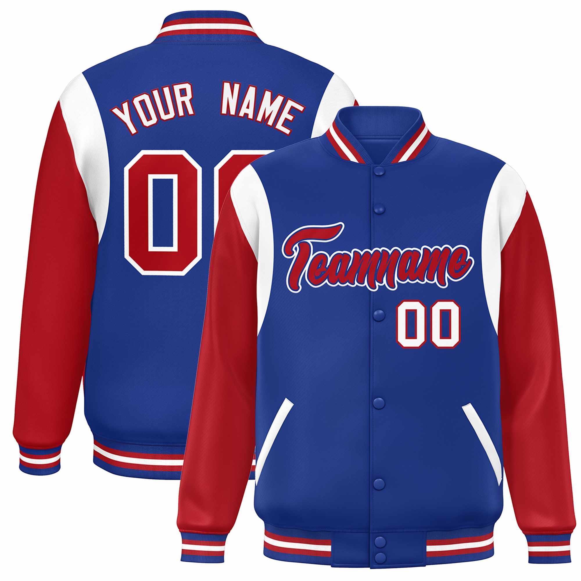 Custom Royal Red-White Color Block Bomber Varsity Full-Snap Baseball Jacket