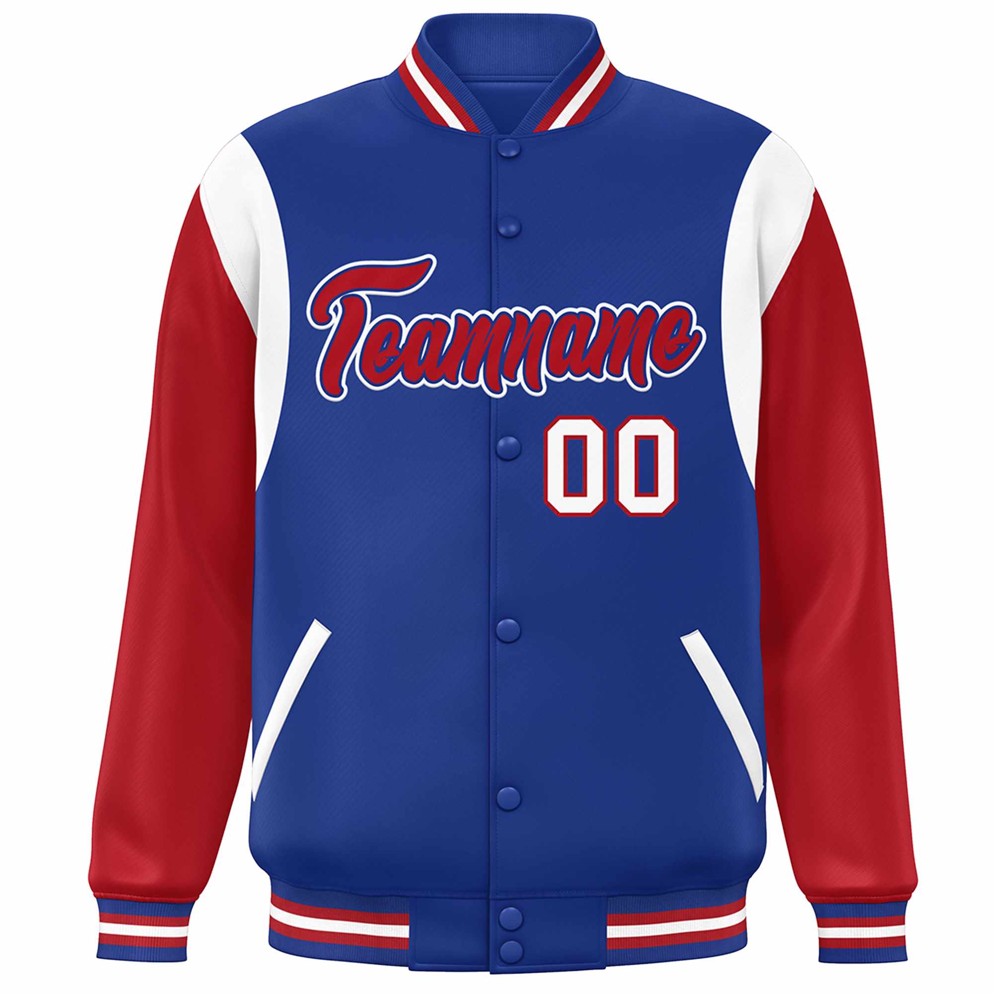 Custom Royal Red-White Color Block Bomber Varsity Full-Snap Baseball Jacket