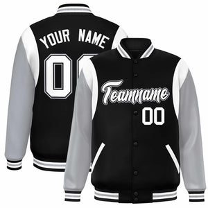 Custom Black Gray-White Color Block Bomber Varsity Full-Snap Baseball Jacket