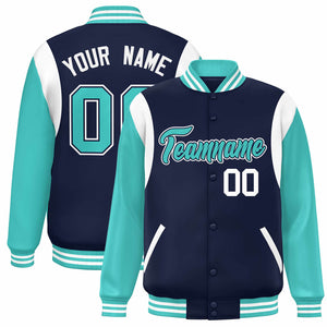 Custom Navy Aqua-White Color Block Bomber Varsity Full-Snap Baseball Jacket