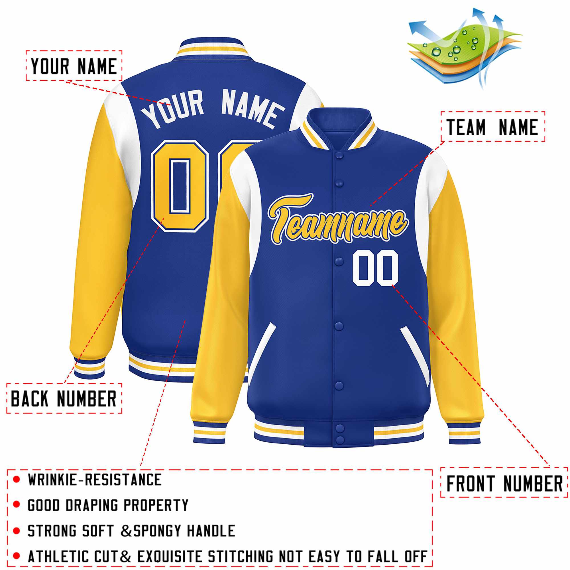 Custom Royal Yellow-White Color Block Bomber Varsity Full-Snap Baseball Jacket