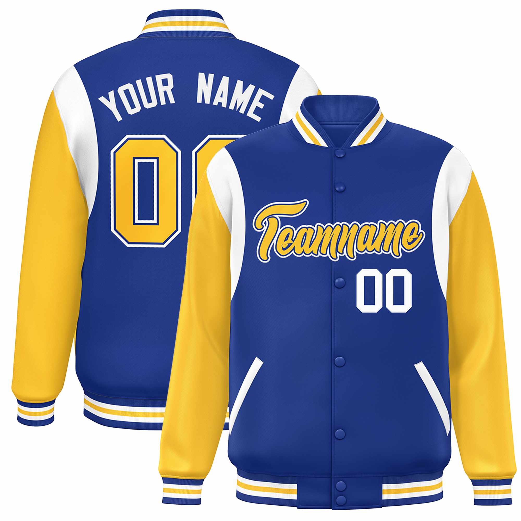 Custom Royal Yellow-White Color Block Bomber Varsity Full-Snap Baseball Jacket