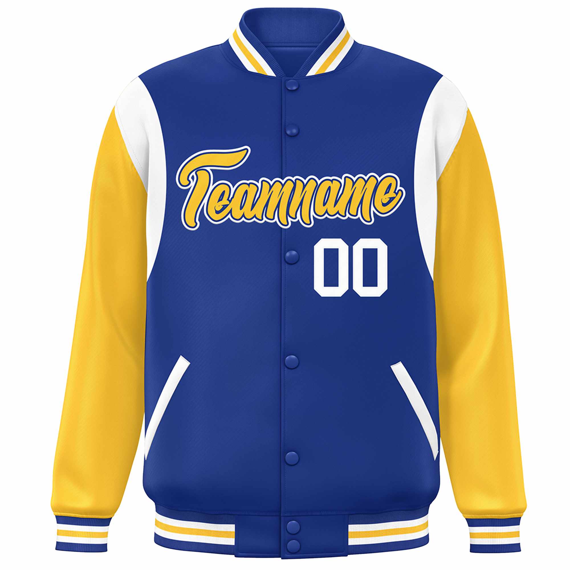 Custom Royal Yellow-White Color Block Bomber Varsity Full-Snap Baseball Jacket