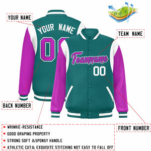 Custom Aqua Purple-White Color Block Bomber Varsity Full-Snap Baseball Jacket