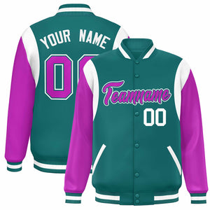 Custom Aqua Purple-White Color Block Bomber Varsity Full-Snap Baseball Jacket