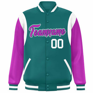 Custom Aqua Purple-White Color Block Bomber Varsity Full-Snap Baseball Jacket