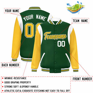 Custom Green Yellow-White Color Block Bomber Varsity Full-Snap Baseball Jacket