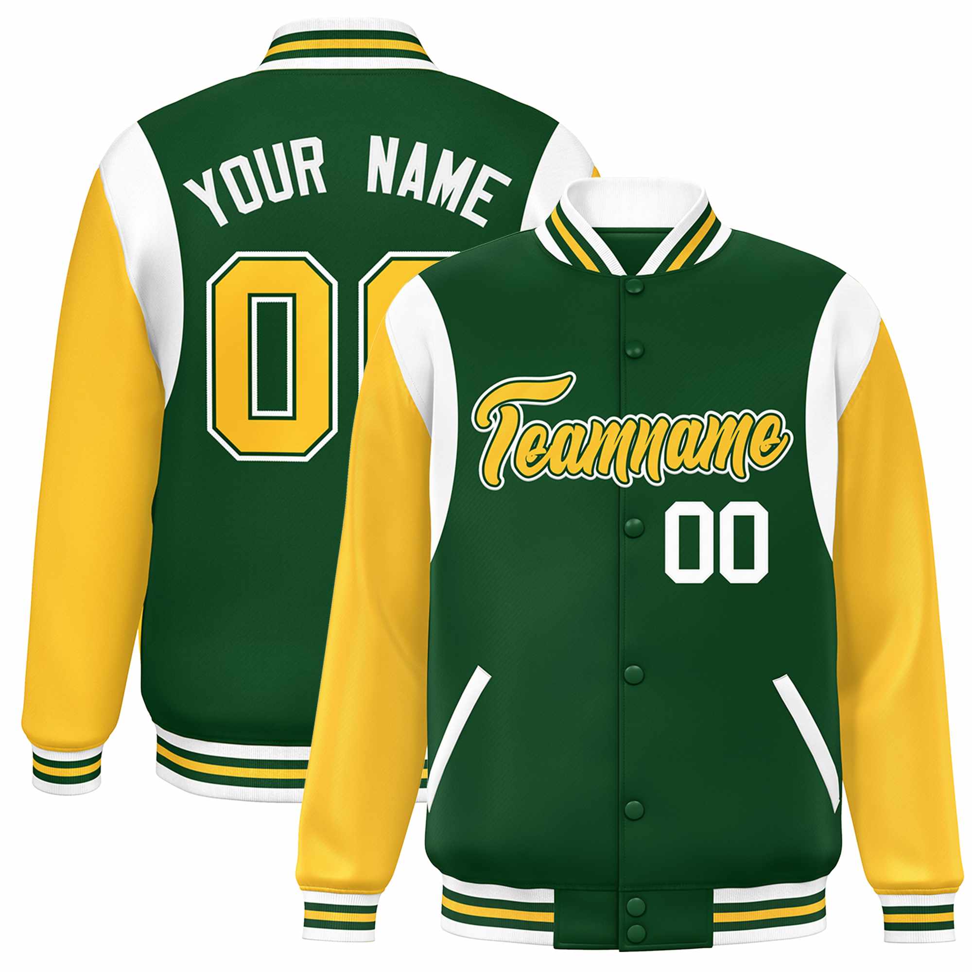 Custom Green Yellow-White Color Block Bomber Varsity Full-Snap Baseball Jacket