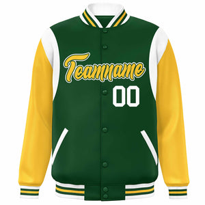 Custom Green Yellow-White Color Block Bomber Varsity Full-Snap Baseball Jacket