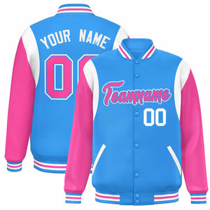 Custom Powder Blue Pink-White Color Block Bomber Varsity Full-Snap Baseball Jacket