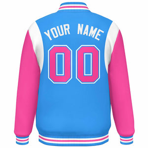 Custom Powder Blue Pink-White Color Block Bomber Varsity Full-Snap Baseball Jacket