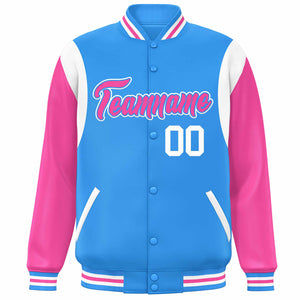 Custom Powder Blue Pink-White Color Block Bomber Varsity Full-Snap Baseball Jacket