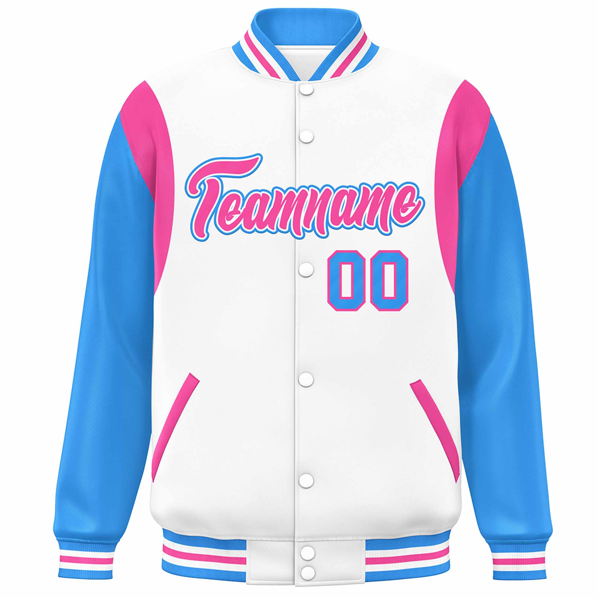 Custom White Powder Blue-Pink Color Block Bomber Varsity Full-Snap Baseball Jacket