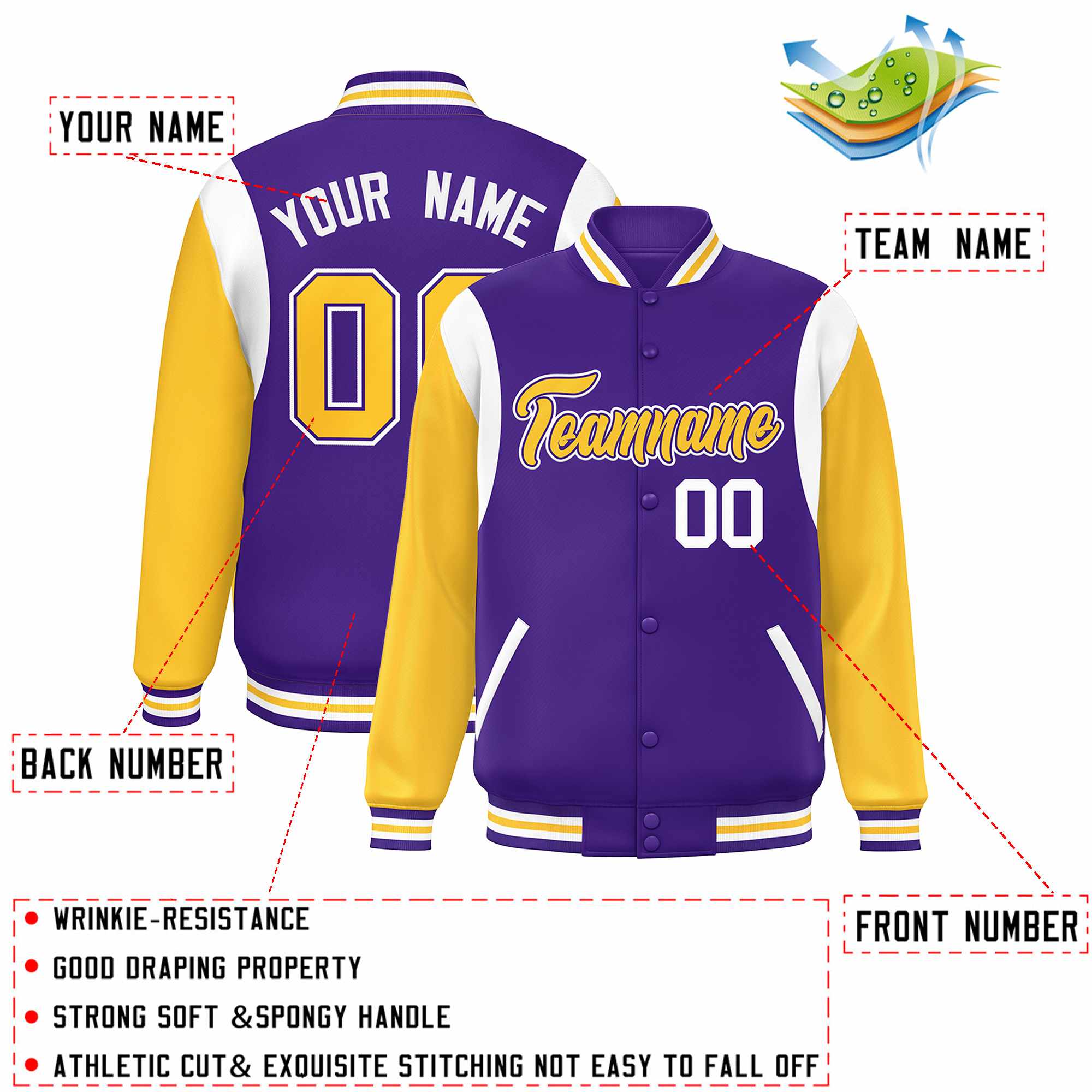 Custom Purple Yellow-White Color Block Bomber Varsity Full-Snap Baseball Jacket