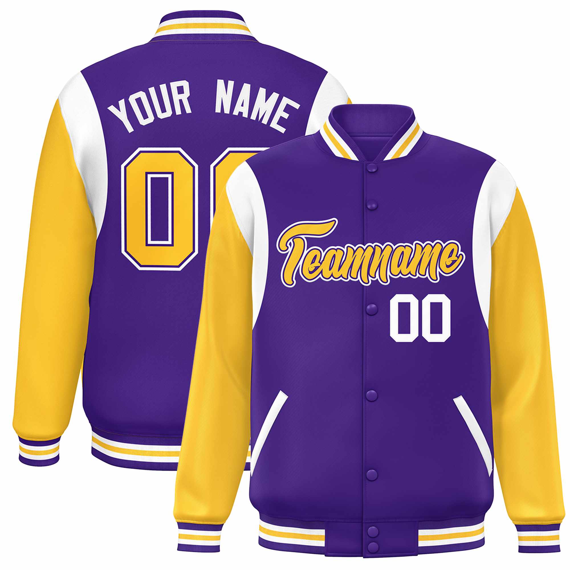 Custom Purple Yellow-White Color Block Bomber Varsity Full-Snap Baseball Jacket