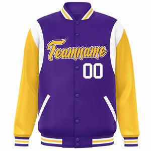 Custom Purple Yellow-White Color Block Bomber Varsity Full-Snap Baseball Jacket