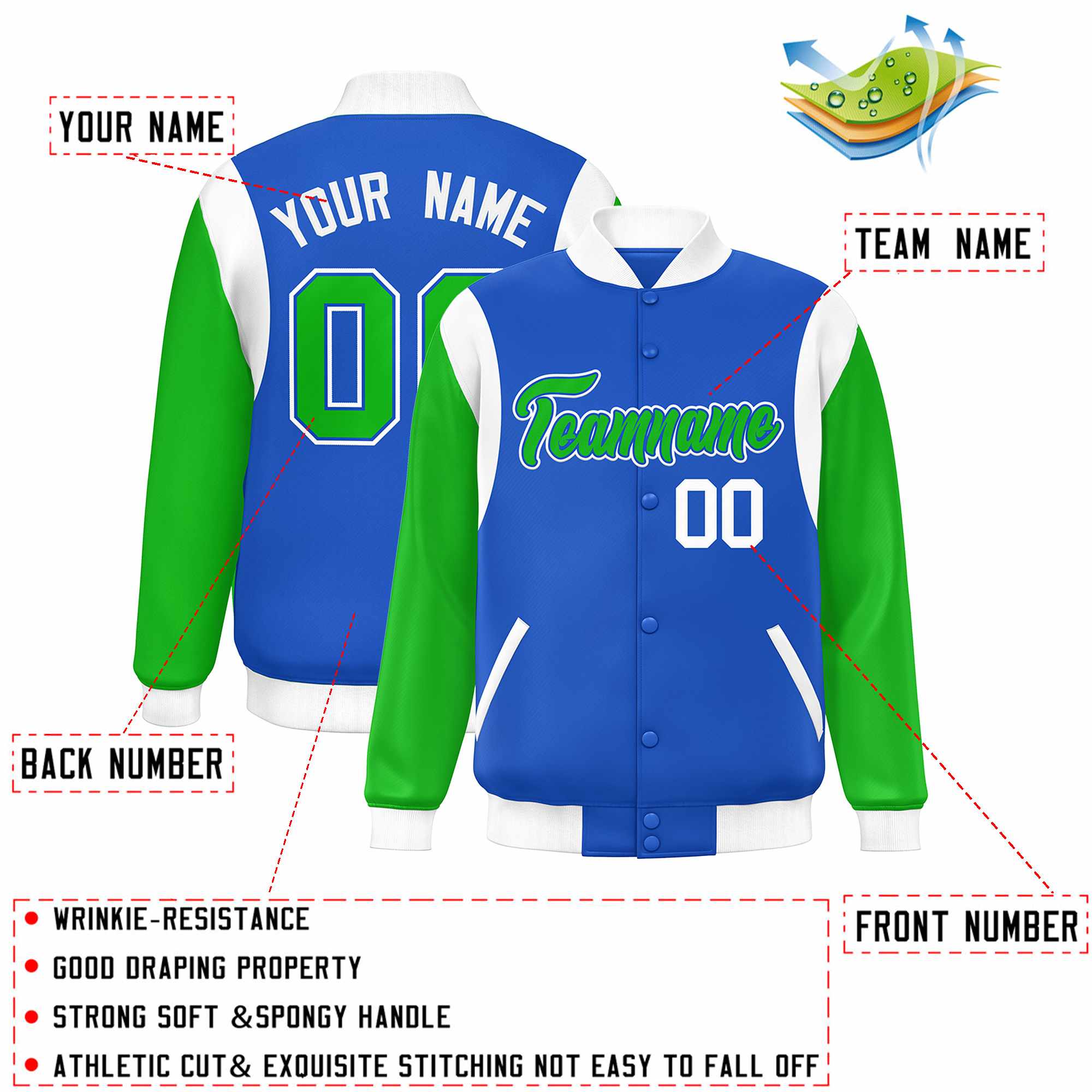 Custom Blue Kelly Green-White Color Block Bomber Varsity Full-Snap Baseball Jacket