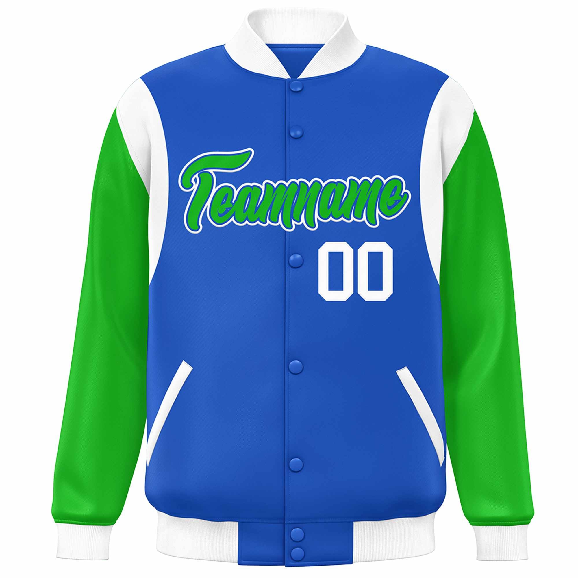 Custom Blue Kelly Green-White Color Block Bomber Varsity Full-Snap Baseball Jacket