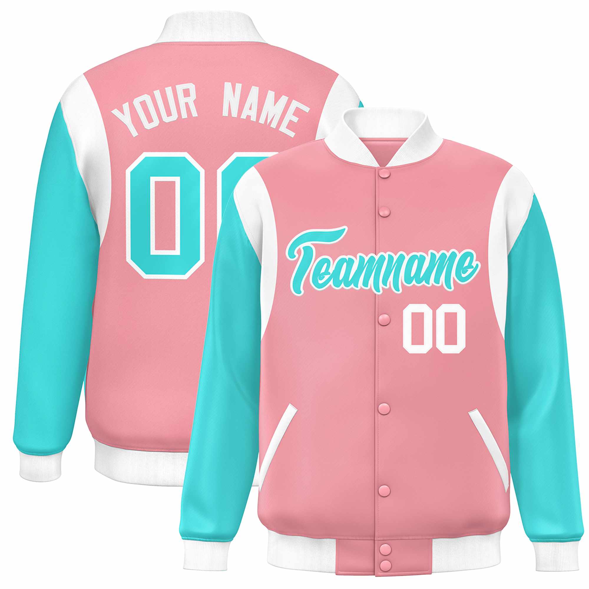 Custom Pink Aqua-White Color Block Bomber Varsity Full-Snap Baseball Jacket