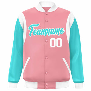 Custom Pink Aqua-White Color Block Bomber Varsity Full-Snap Baseball Jacket