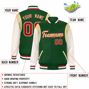 Custom Green Khaki-Red Color Block Bomber Varsity Full-Snap Baseball Jacket