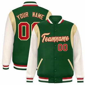 Custom Green Khaki-Red Color Block Bomber Varsity Full-Snap Baseball Jacket