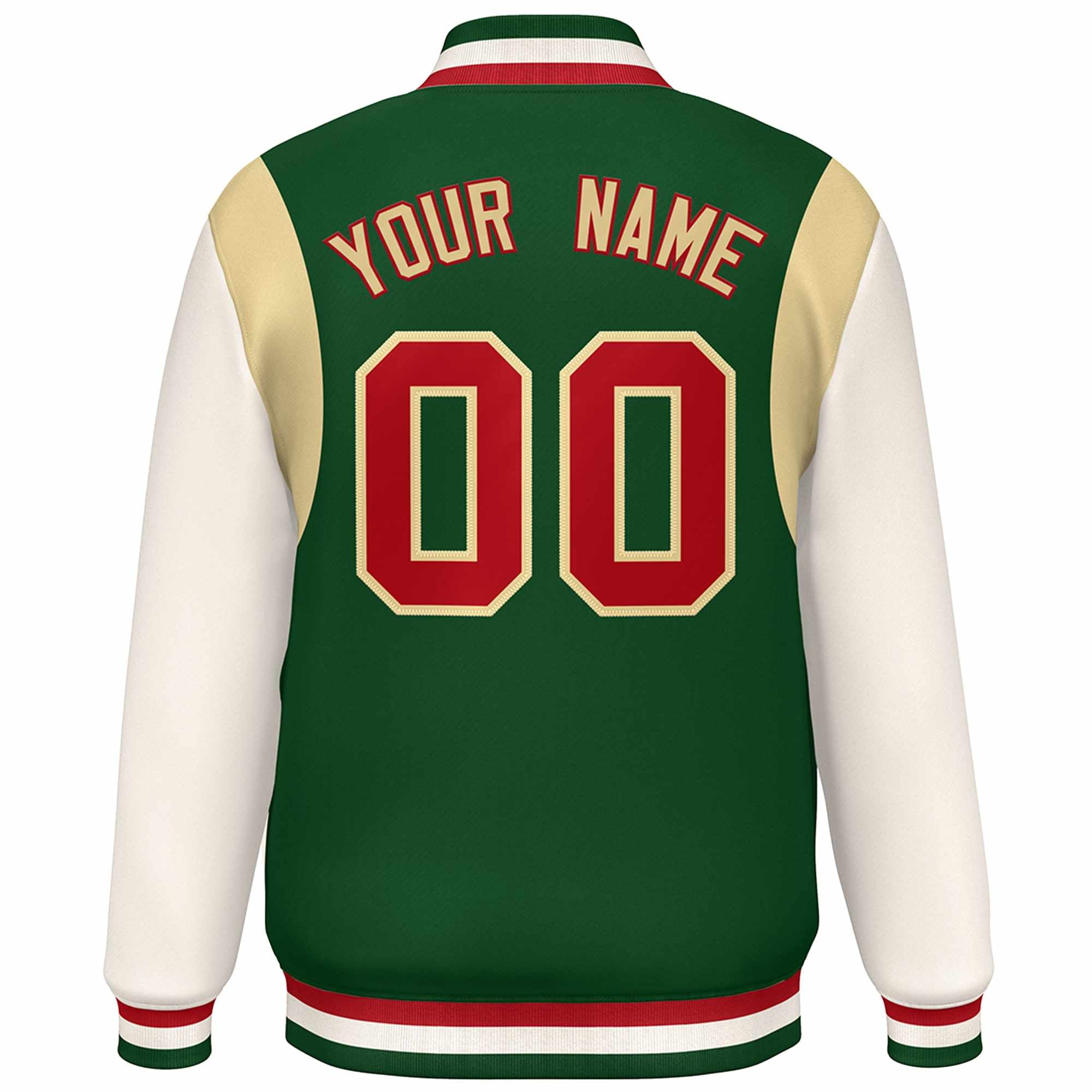 Custom Green Khaki-Red Color Block Bomber Varsity Full-Snap Baseball Jacket