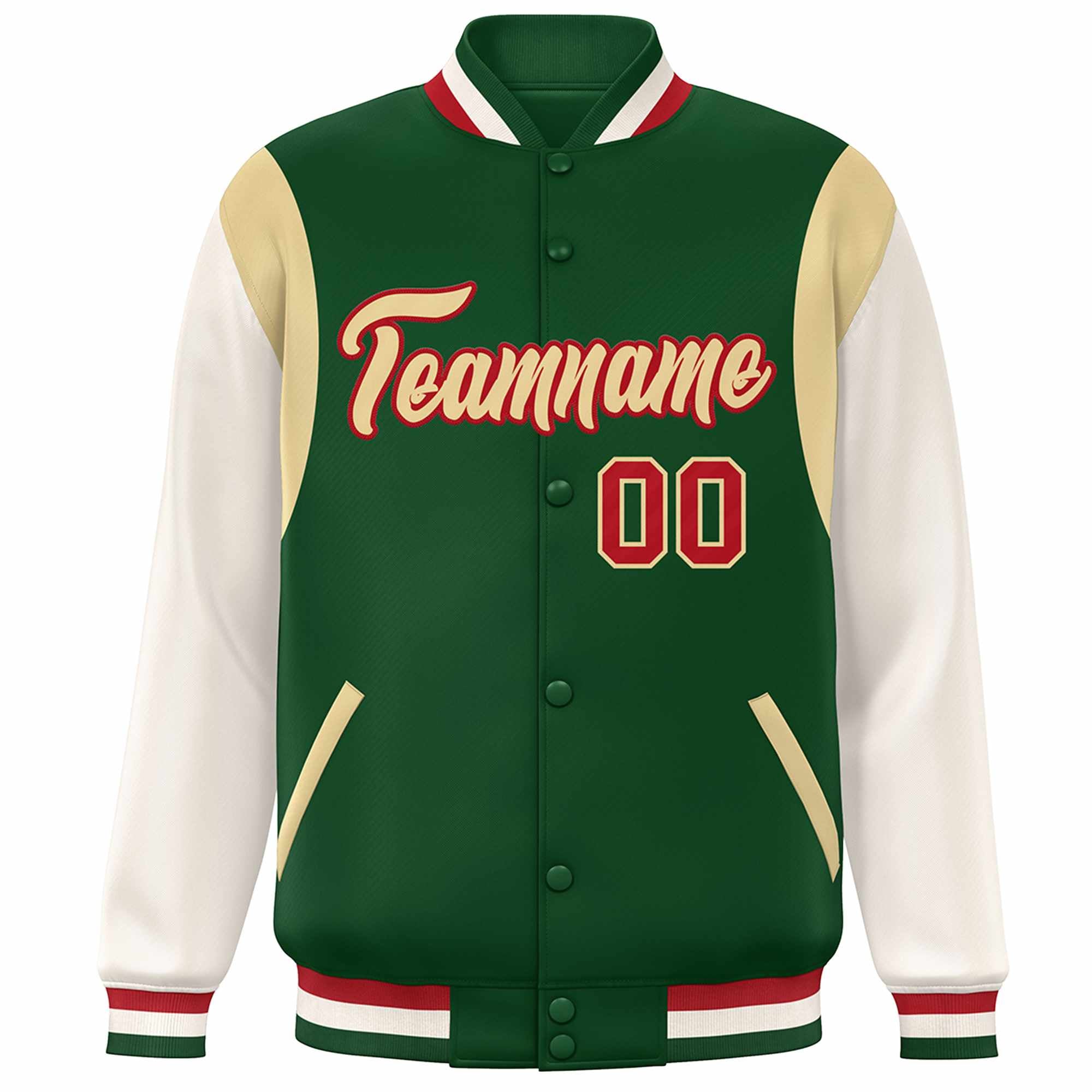 Custom Green Khaki-Red Color Block Bomber Varsity Full-Snap Baseball Jacket