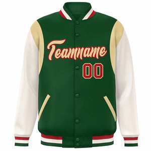 Custom Green Khaki-Red Color Block Bomber Varsity Full-Snap Baseball Jacket