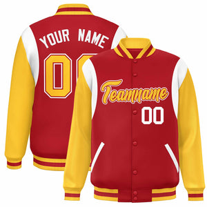 Custom Red Yellow-White Color Block Bomber Varsity Full-Snap Baseball Jacket