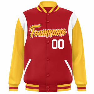 Custom Red Yellow-White Color Block Bomber Varsity Full-Snap Baseball Jacket