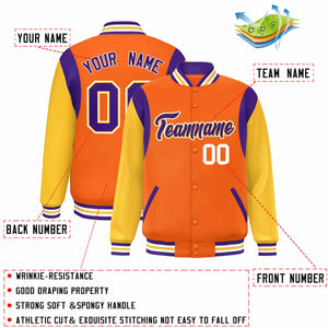 Custom Orange Yellow-Purple Color Block Bomber Varsity Full-Snap Baseball Jacket