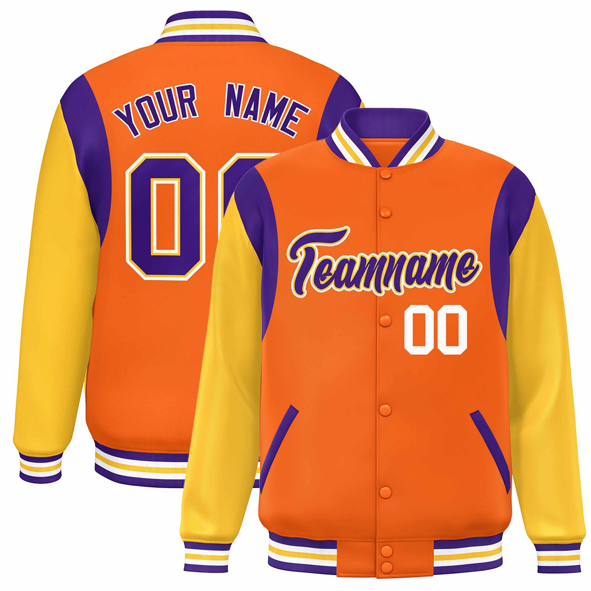 Custom Orange Yellow-Purple Color Block Bomber Varsity Full-Snap Baseball Jacket