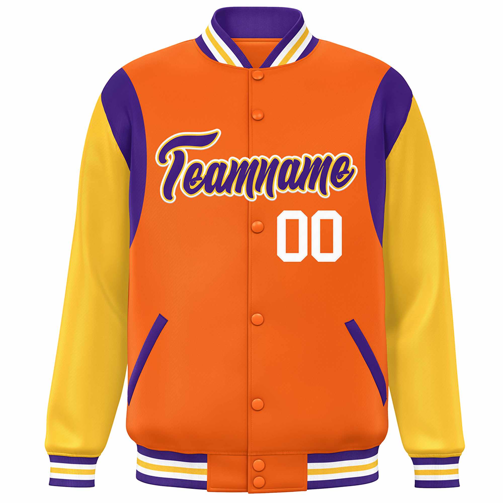 Custom Orange Yellow-Purple Color Block Bomber Varsity Full-Snap Baseball Jacket