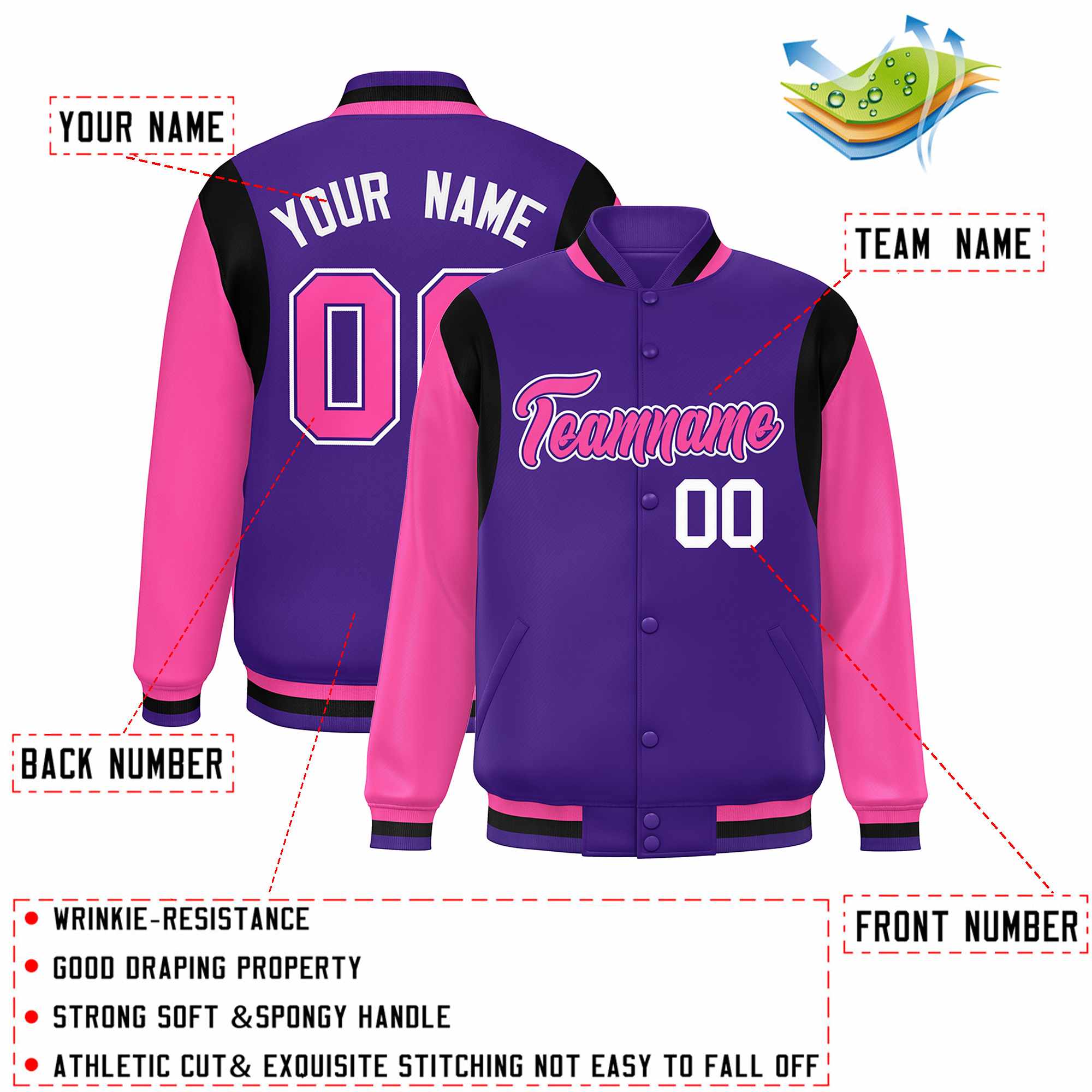 Custom Purple Pink-White Color Block Bomber Varsity Full-Snap Baseball Jacket