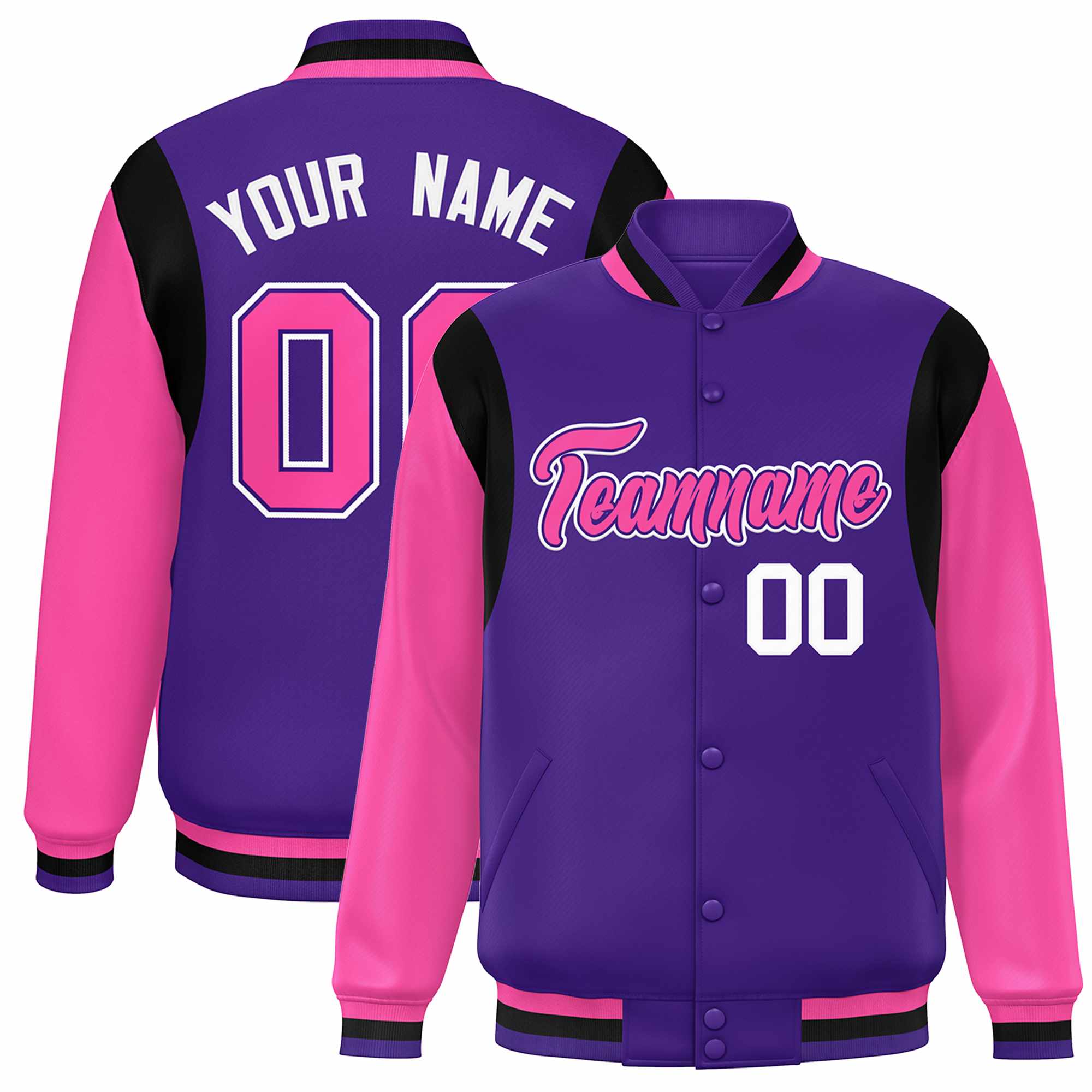 Custom Purple Pink-White Color Block Bomber Varsity Full-Snap Baseball Jacket