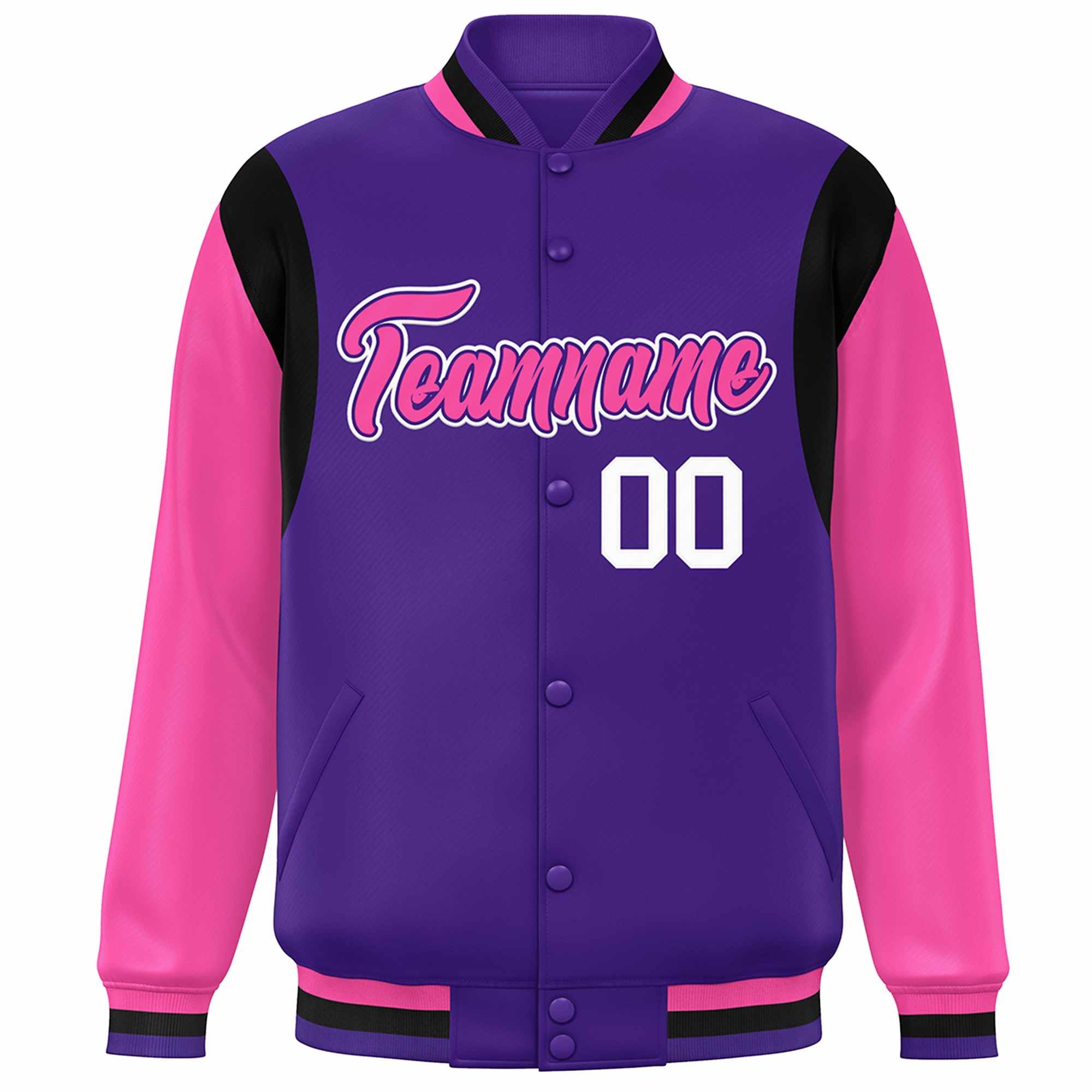 Custom Purple Pink-White Color Block Bomber Varsity Full-Snap Baseball Jacket