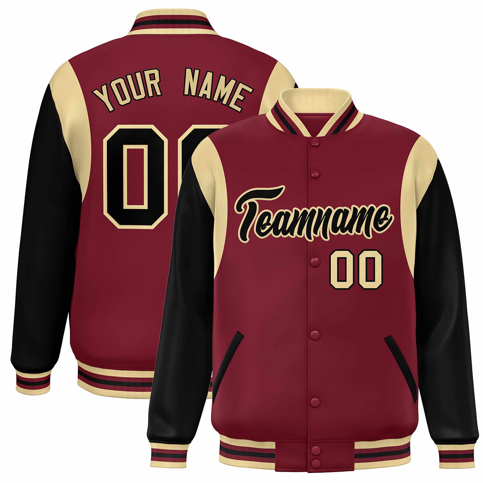 Custom Crimson Black-Khaki Color Block Bomber Varsity Full-Snap Baseball Jacket