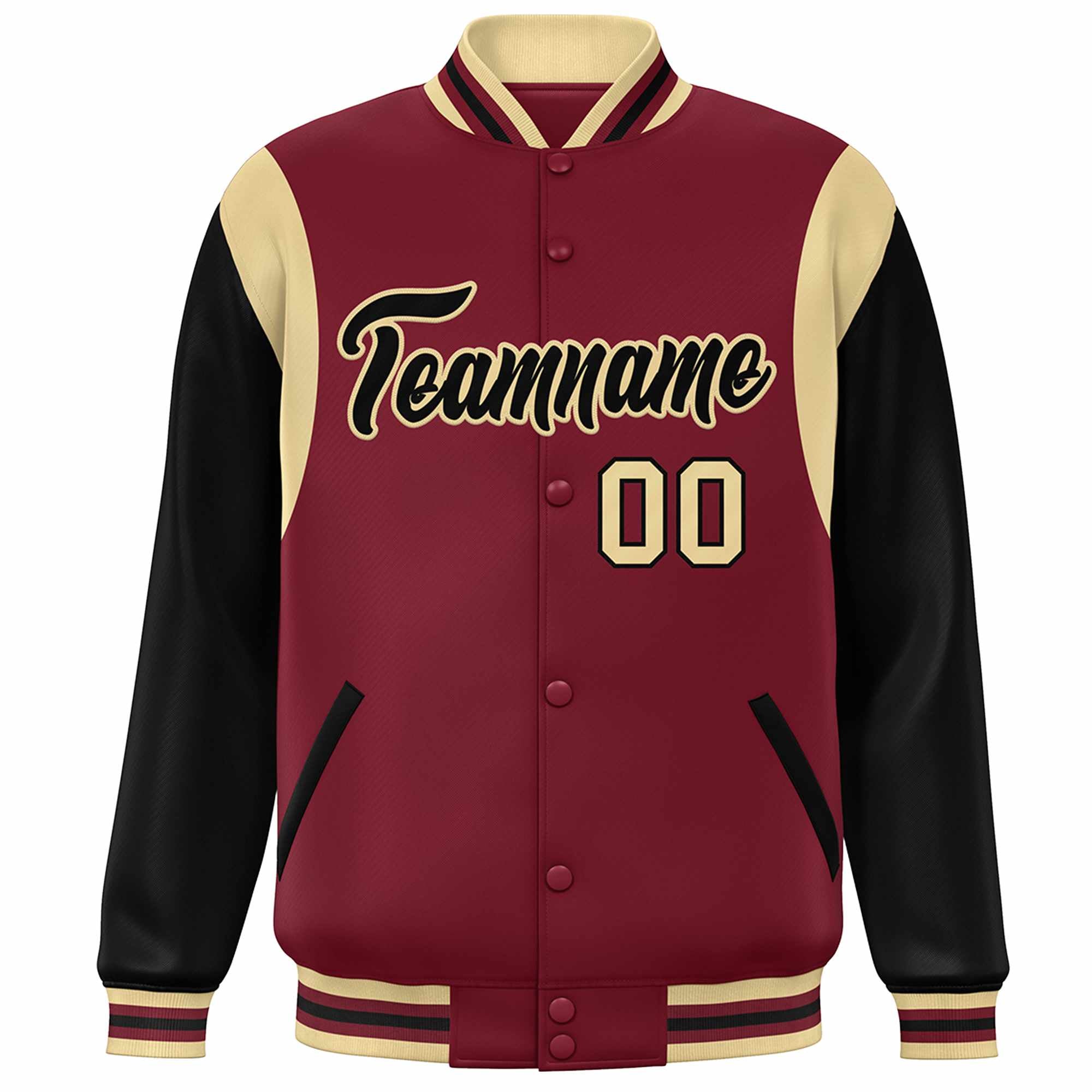 Custom Crimson Black-Khaki Color Block Bomber Varsity Full-Snap Baseball Jacket