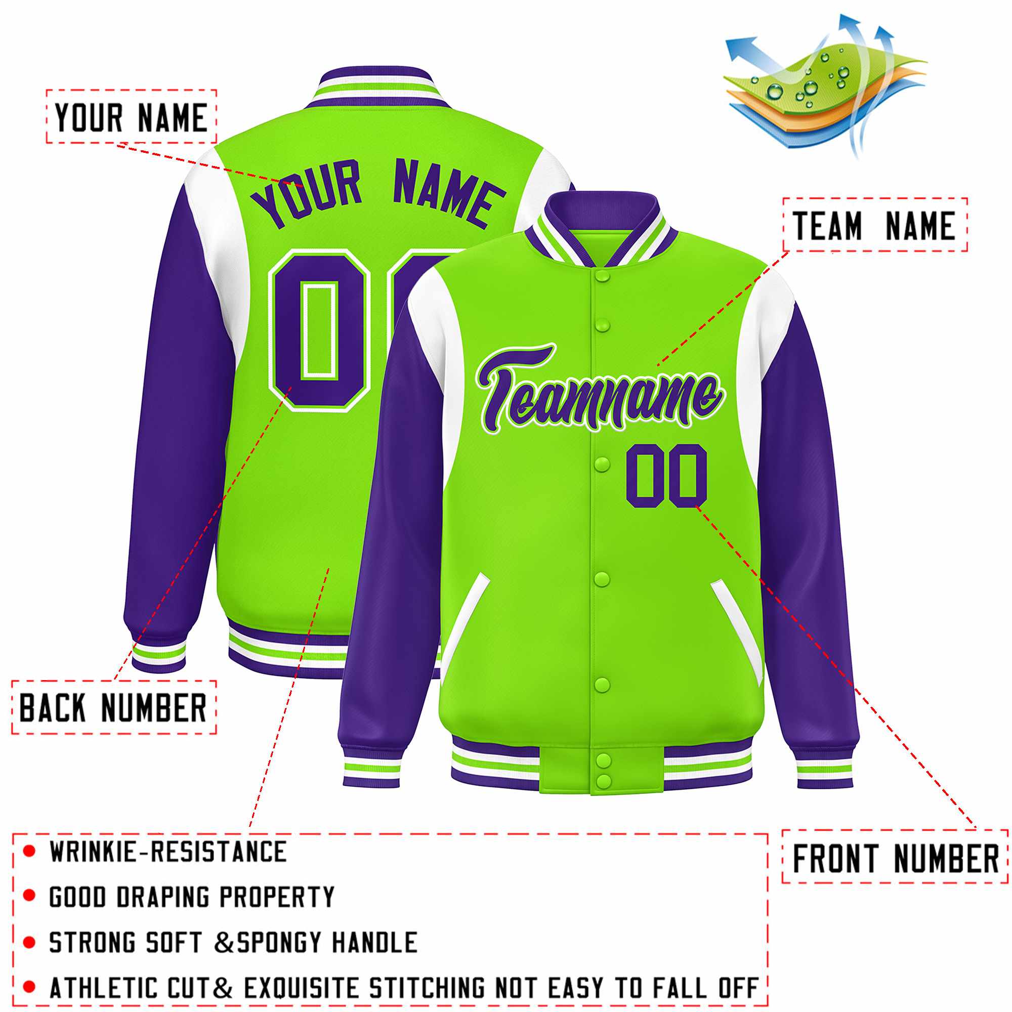 Custom Neon Green Purple-White Color Block Bomber Varsity Full-Snap Baseball Jacket