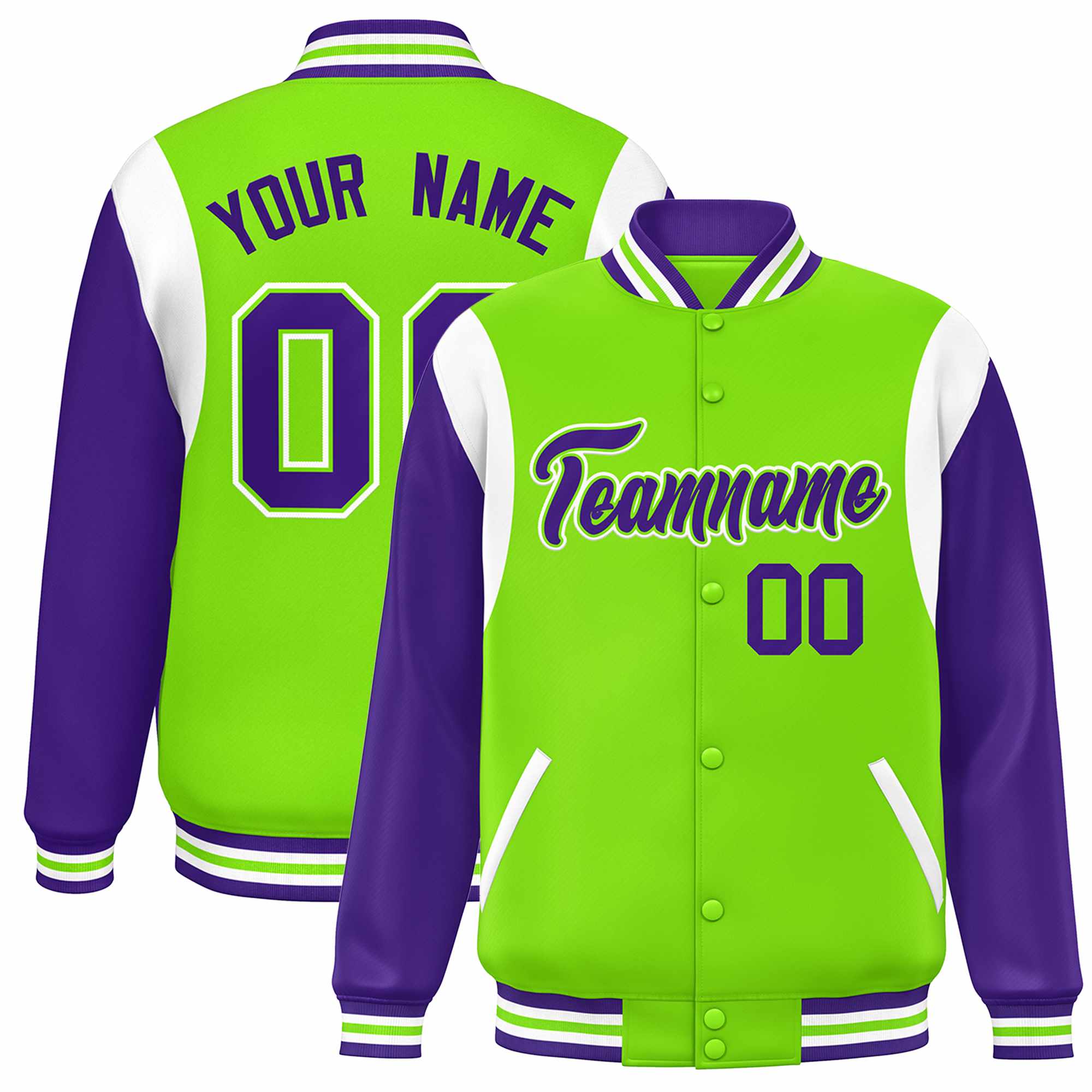 Custom Neon Green Purple-White Color Block Bomber Varsity Full-Snap Baseball Jacket