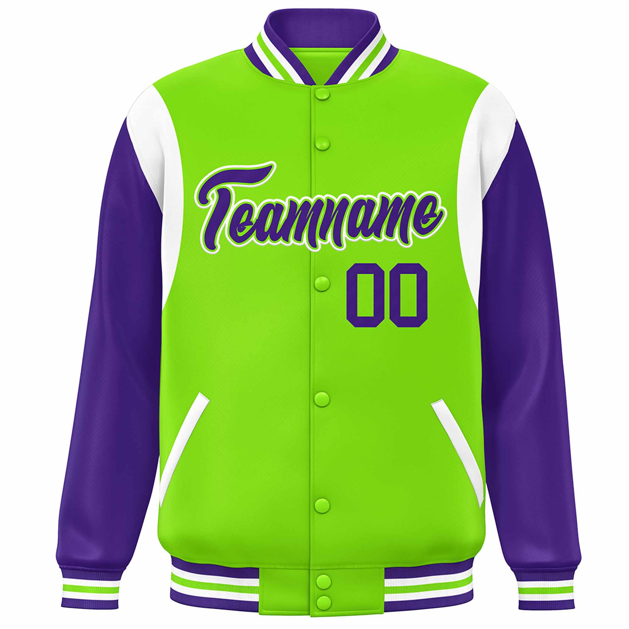 Custom Neon Green Purple-White Color Block Bomber Varsity Full-Snap Baseball Jacket