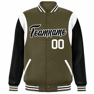 Custom Olive Black-White Color Block Bomber Varsity Full-Snap Baseball Jacket