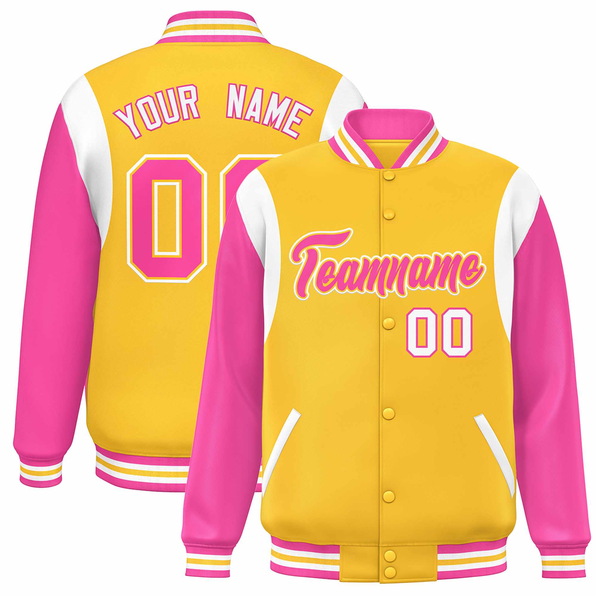 Custom Yellow Pink-White Color Block Bomber Varsity Full-Snap Baseball Jacket