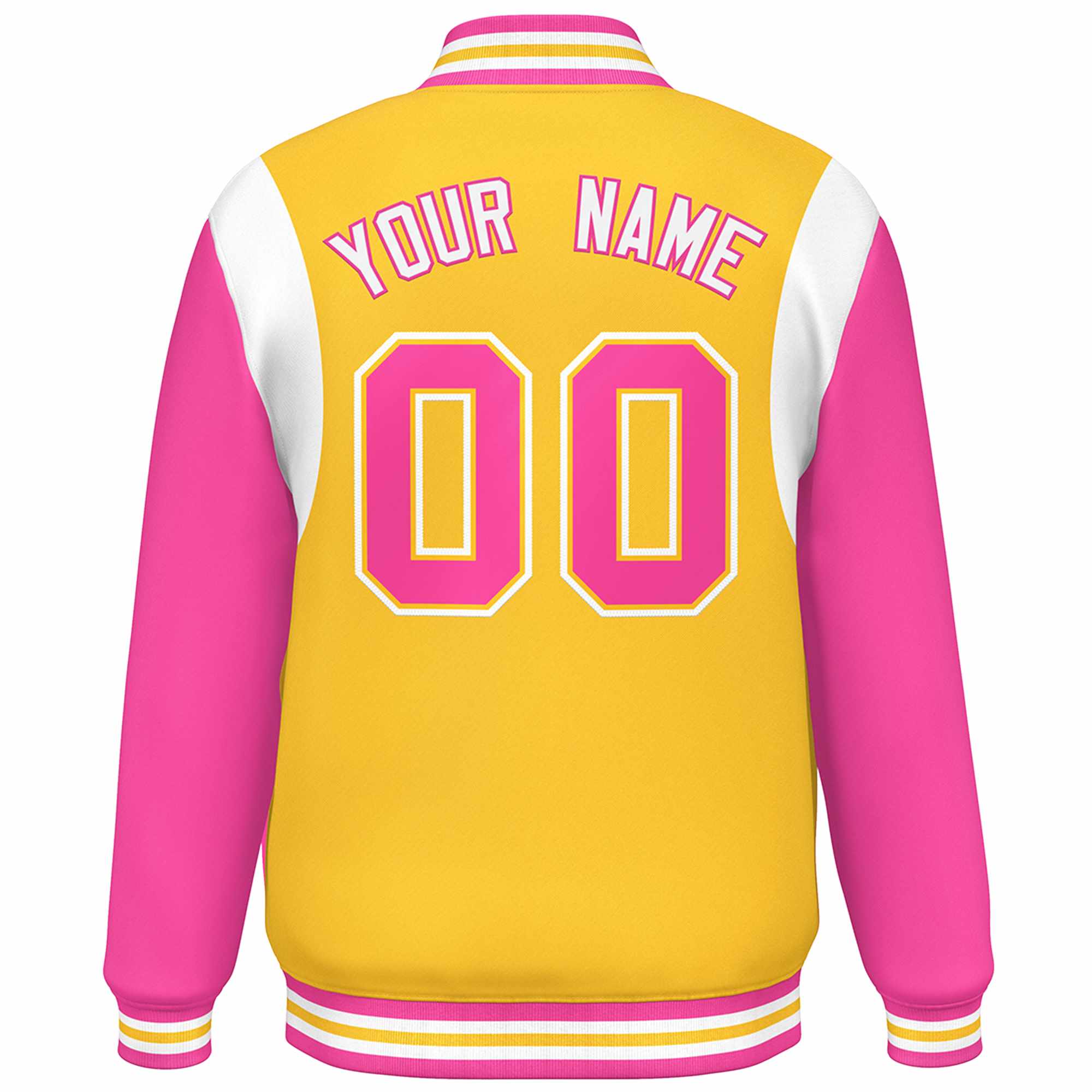 Custom Yellow Pink-White Color Block Bomber Varsity Full-Snap Baseball Jacket