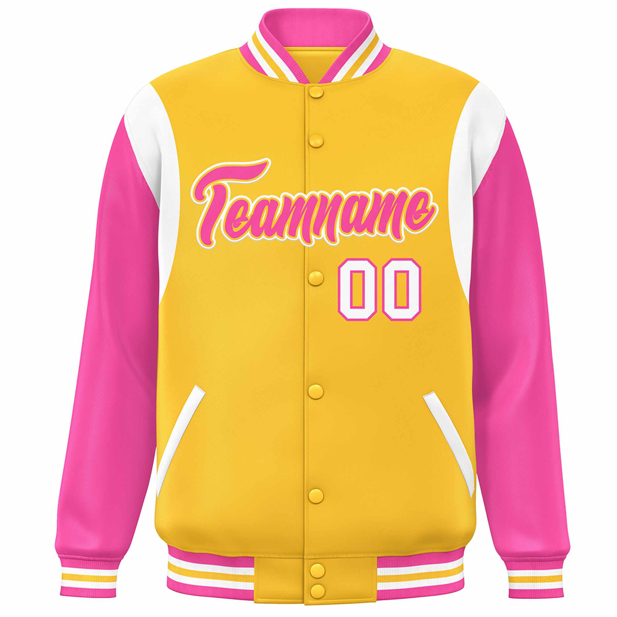 Custom Yellow Pink-White Color Block Bomber Varsity Full-Snap Baseball Jacket